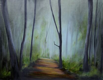 Landscape painting for sale of atmospheric oil painting depicting a walkway through a shaded forest. Check our large selection of art